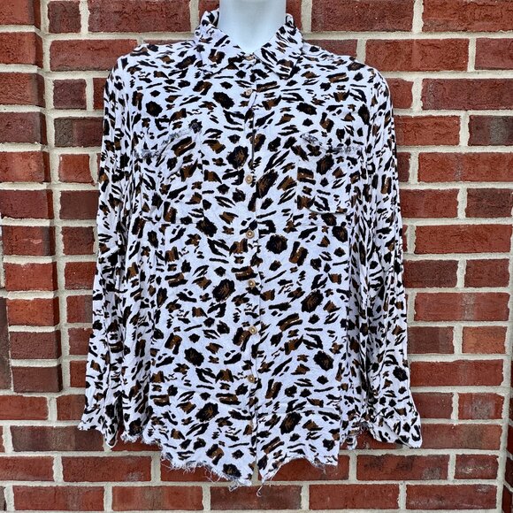 Show Me Your Mumu Marcella Oversized Button Up Shirt XXL Cheetah Print Raw Hem - Picture 1 of 12